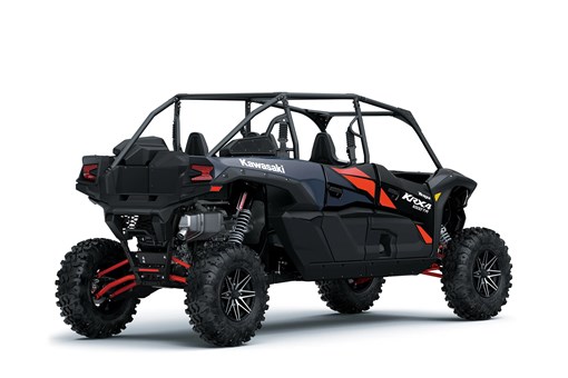 Three-quarter rear angle of an orange and blue side x side staged in a white studio background. opens in a new window