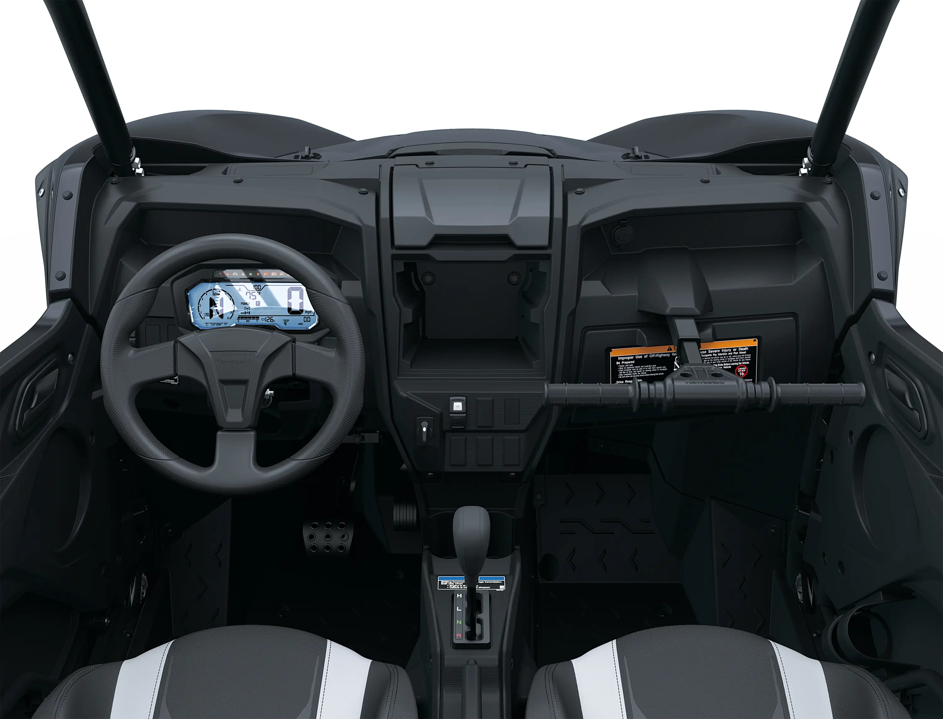 Rear passenger view inside a side x side staged in a white studio background.