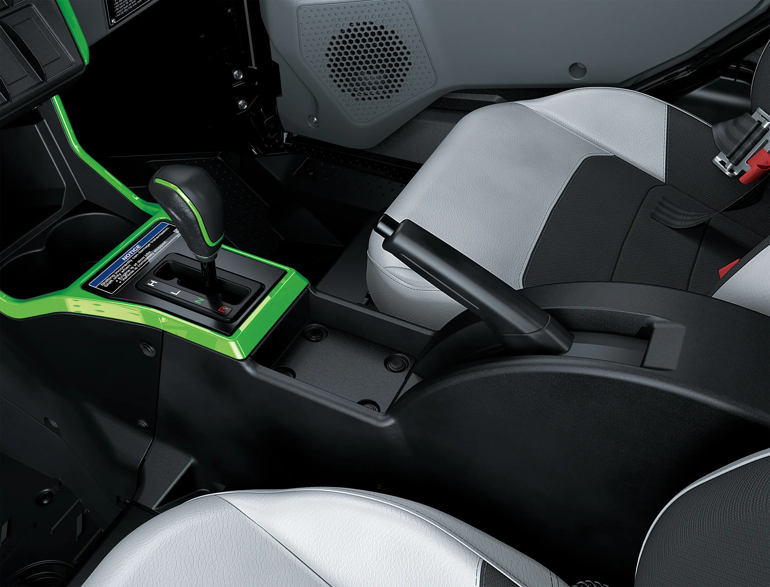 Interior center console detail in a side x side.