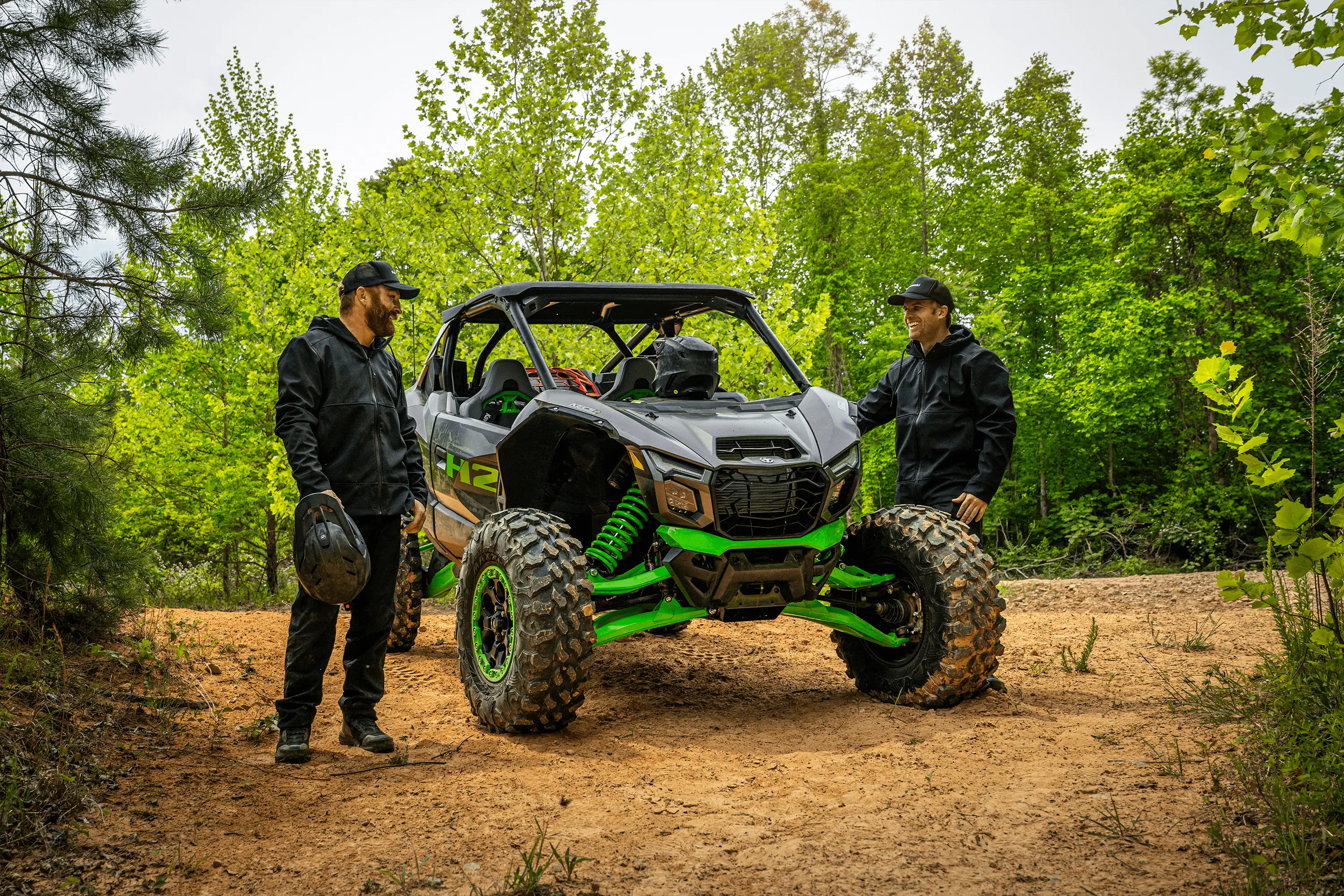 Front angle of a side x side parked off-road.
