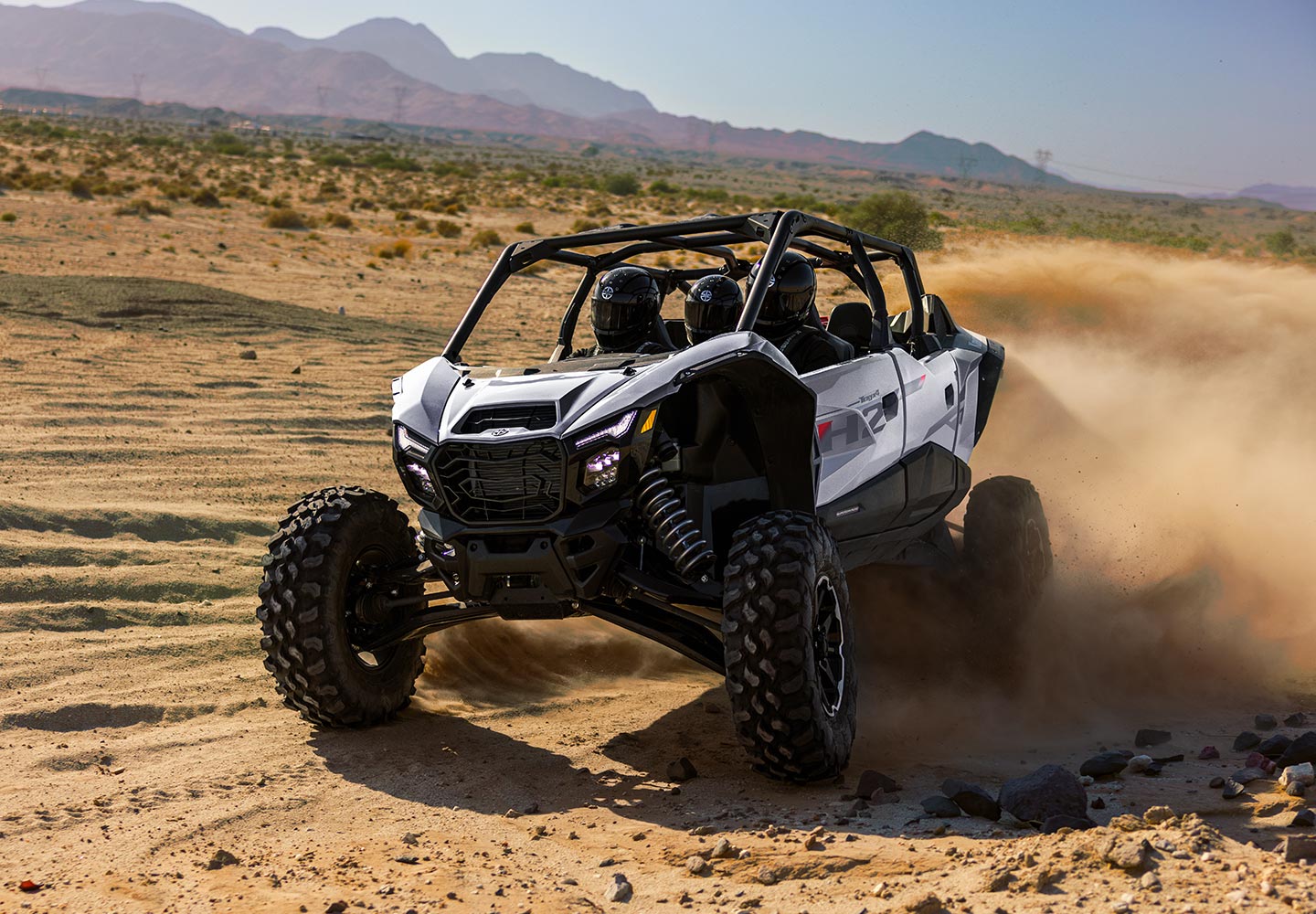 White Teryx racing through a sand dune