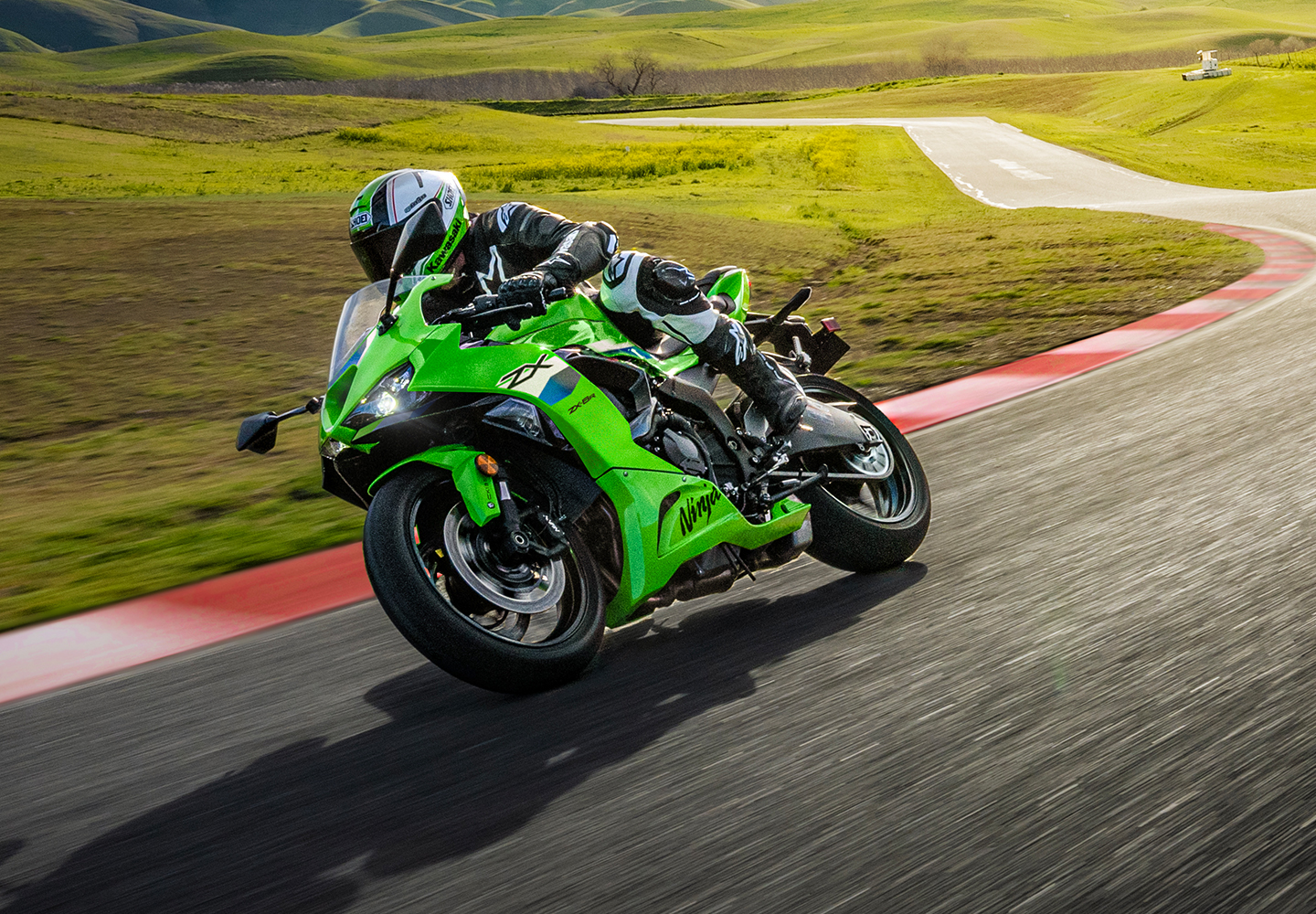 Professional rider on a Kawasaki Ninja® on a closed course.