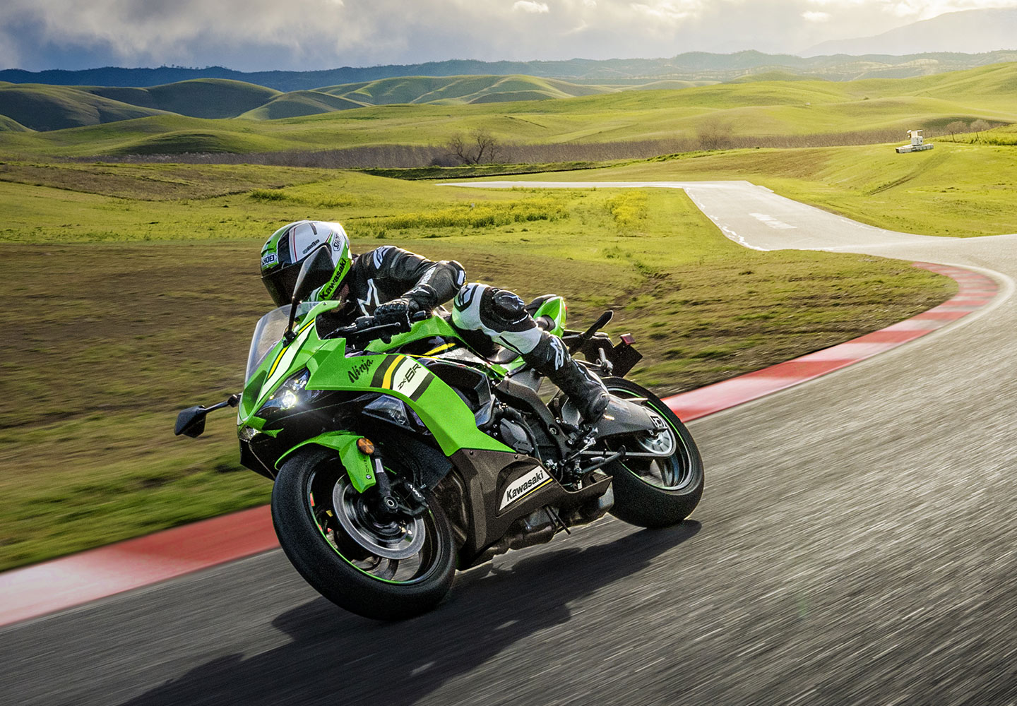 Professional rider on a Kawasaki Ninja® on a closed course.