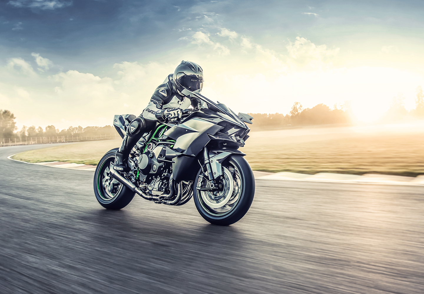 Professional rider on a Kawasaki Ninja® on a closed course.