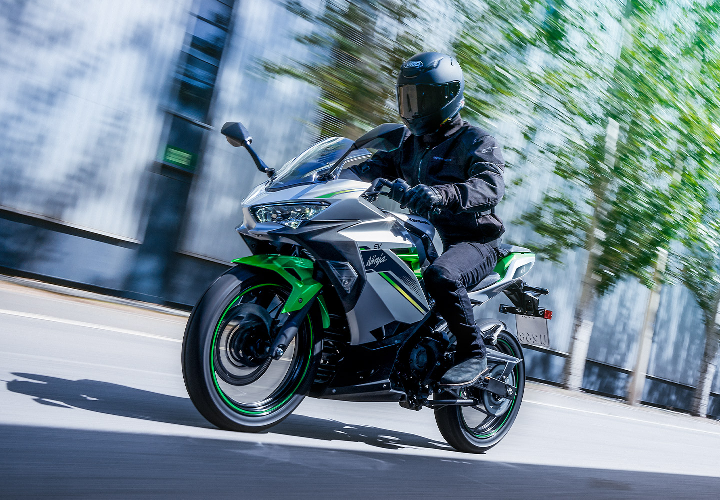 Rider riding an electric Ninja motorcycle